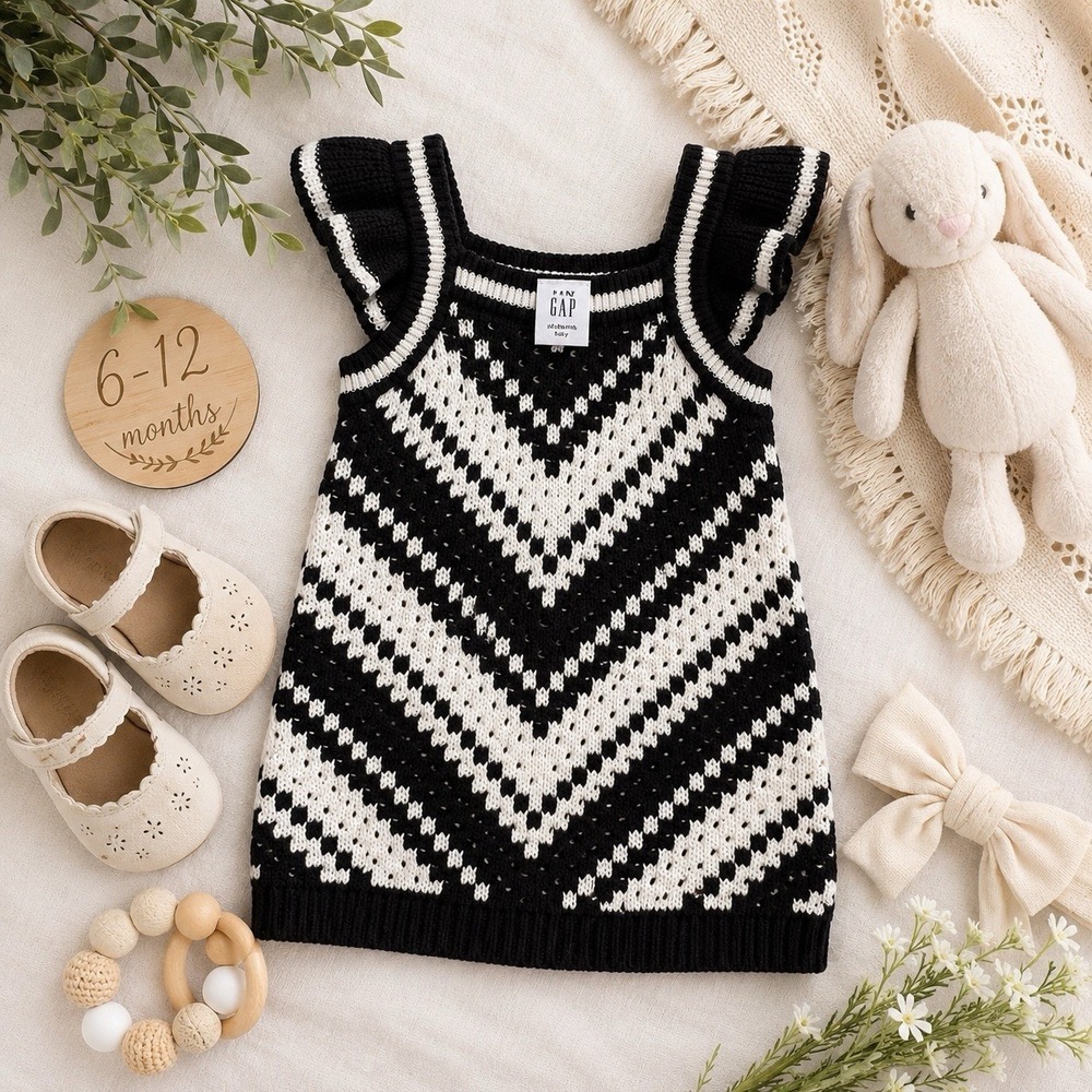 NEW Baby Gap Knit Sweater Dress 6-12M Black White‎ Chevron Flutter Sleeve Cotton